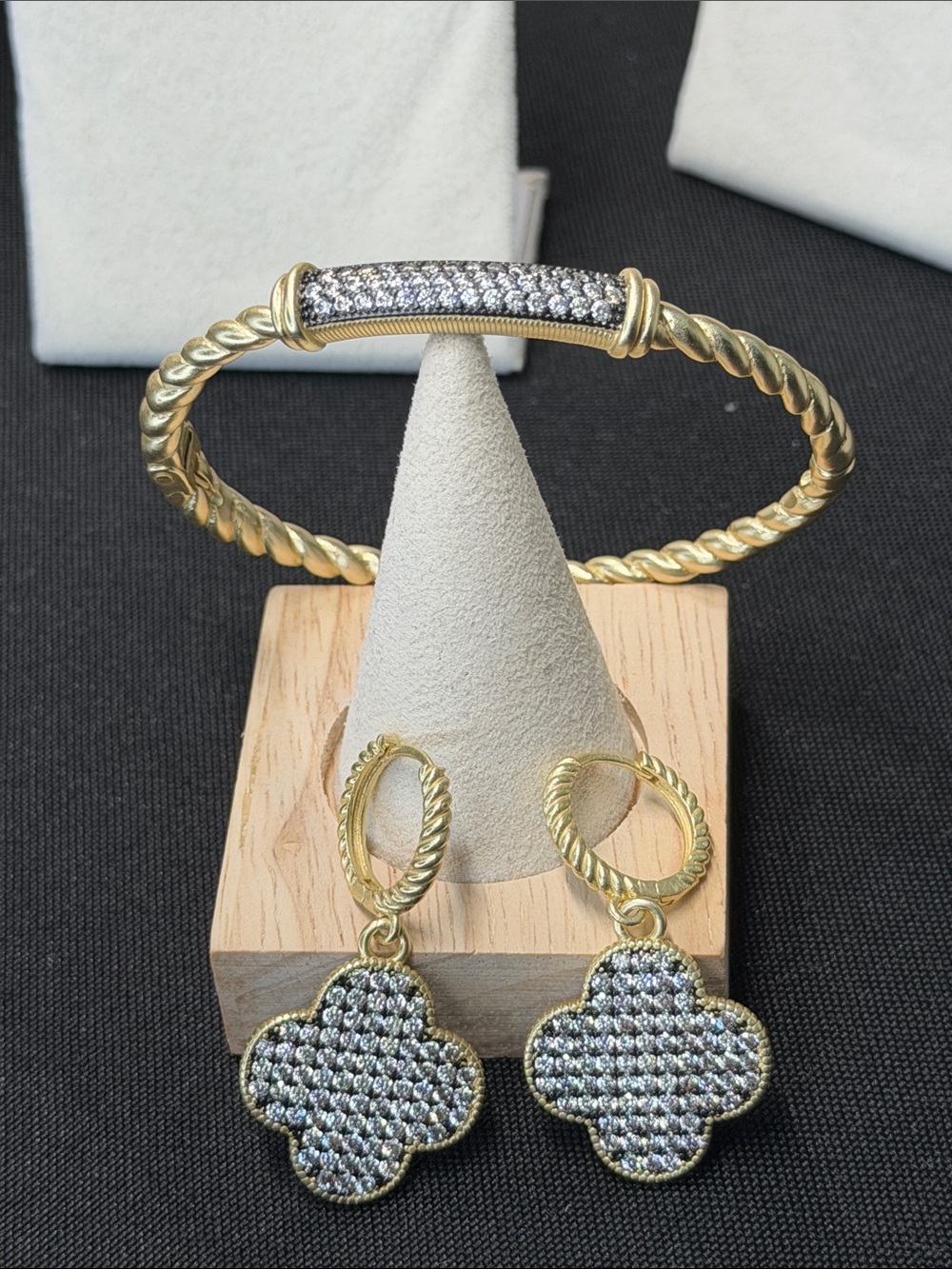 18k triple plated gold with black rhodolite  cuff and earring set.